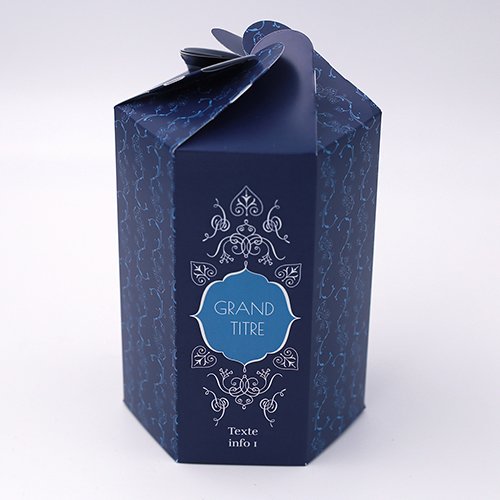 Packaging Boite pétales hexagonale Arabesque bleu personnalisable